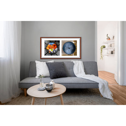 Diptych photograph of found objects round in shape with trash can