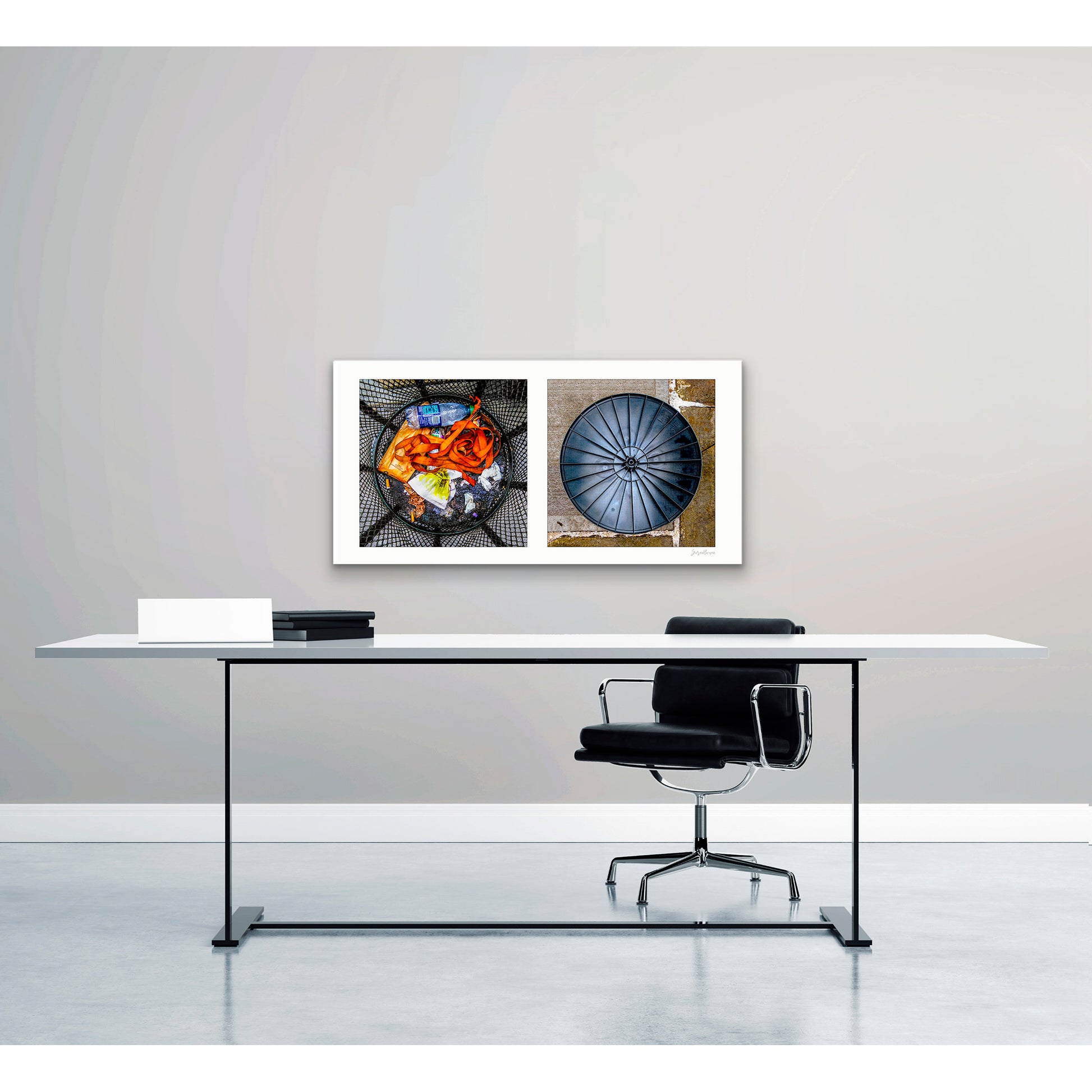 Diptych photograph of found objects round in shape with trash can