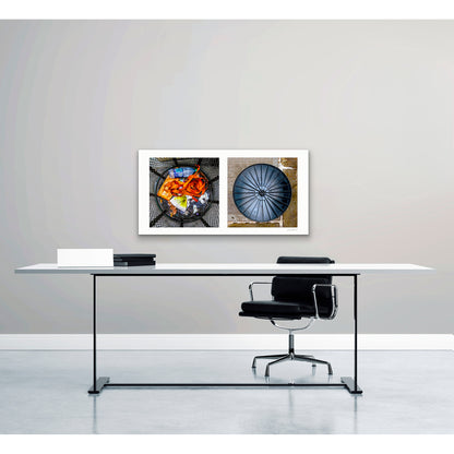 Diptych photograph of found objects round in shape with trash can