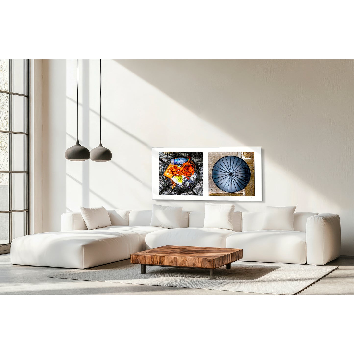 Diptych photograph of found objects round in shape with trash can