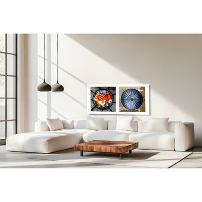 Diptych photograph of found objects round in shape with trash can
