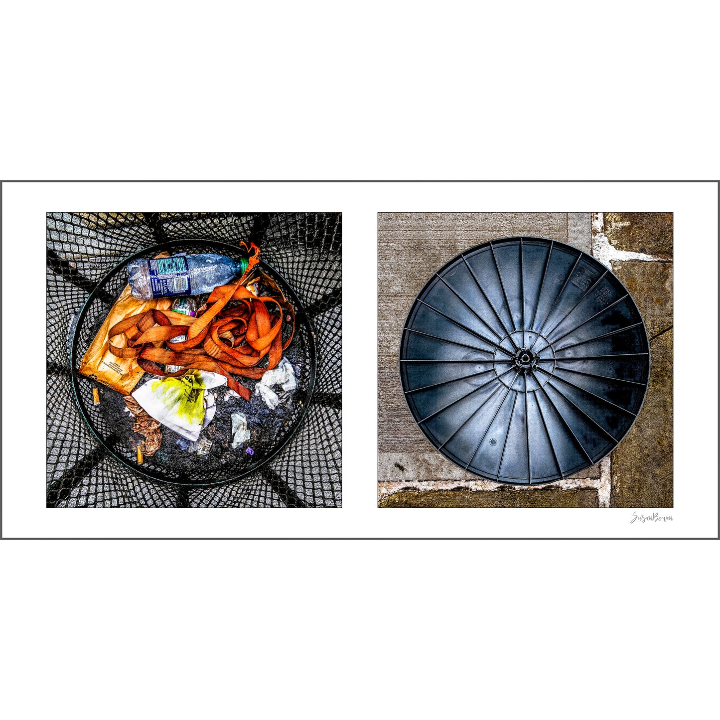 Diptych photograph of found objects round in shape with trash can