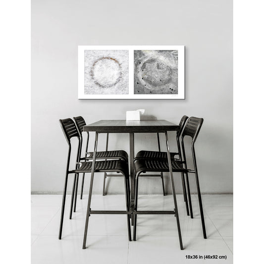 Celestial Pair artwork by Susan Bowen, shown as 18x36 print. Features a snow-ringed valve cover and a ghostly sidewalk imprint paired as quietly celestial abstract forms in gray and white.