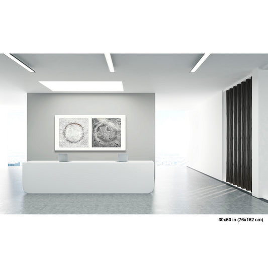 Celestial Pair artwork by Susan Bowen, shown as 30x60 print. Features a snow-ringed valve cover and a ghostly sidewalk imprint paired as quietly celestial abstract forms in gray and white.
