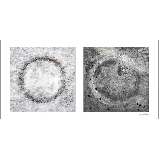 Celestial Pair artwork by Susan Bowen. Features a snow-ringed valve cover and a ghostly sidewalk imprint paired as quietly celestial abstract forms in gray and white.