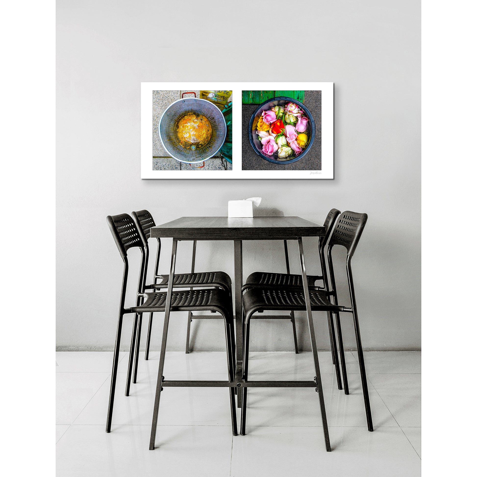 Diptych photograph of found objects round in shape with flowers