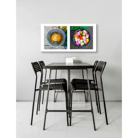 Diptych photograph of found objects round in shape with flowers