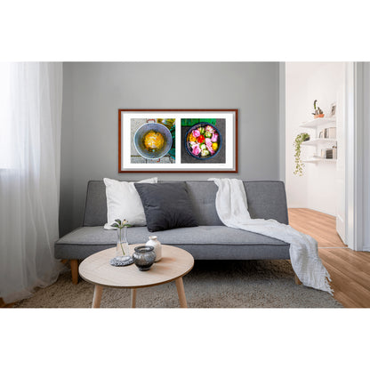 Diptych photograph of found objects round in shape with flowers