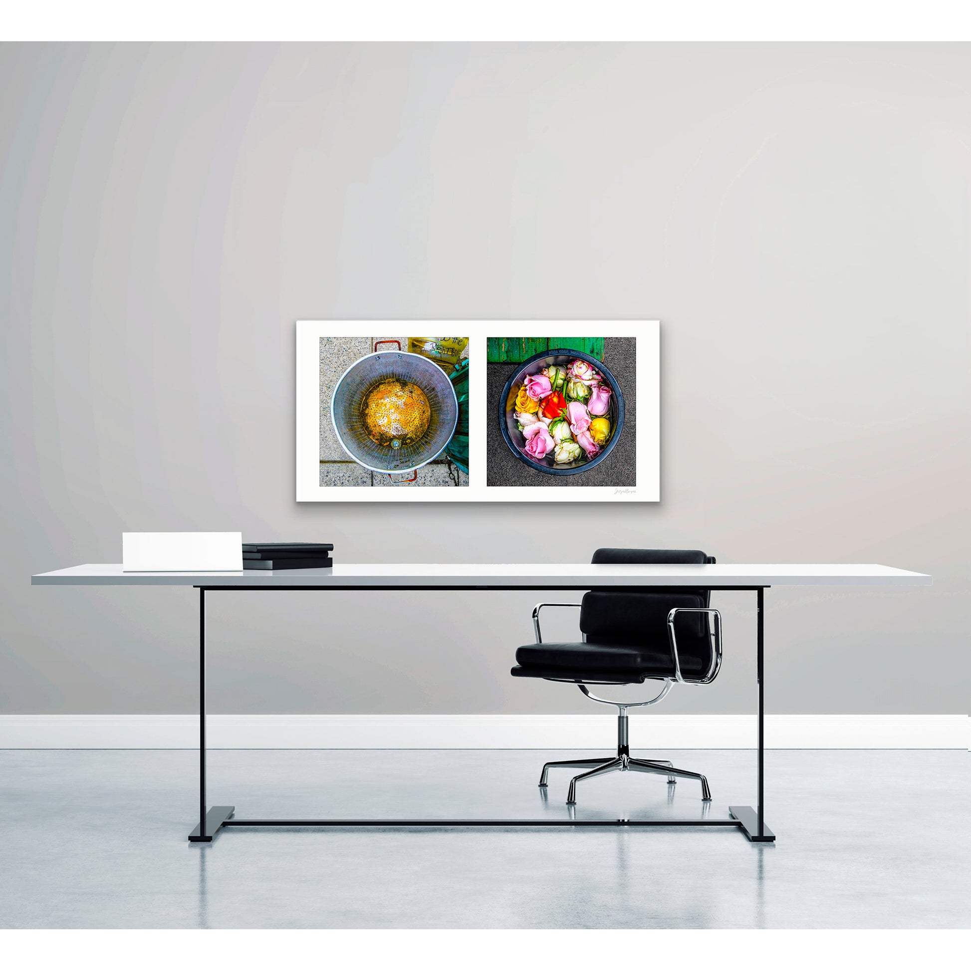 Diptych photograph of found objects round in shape with flowers