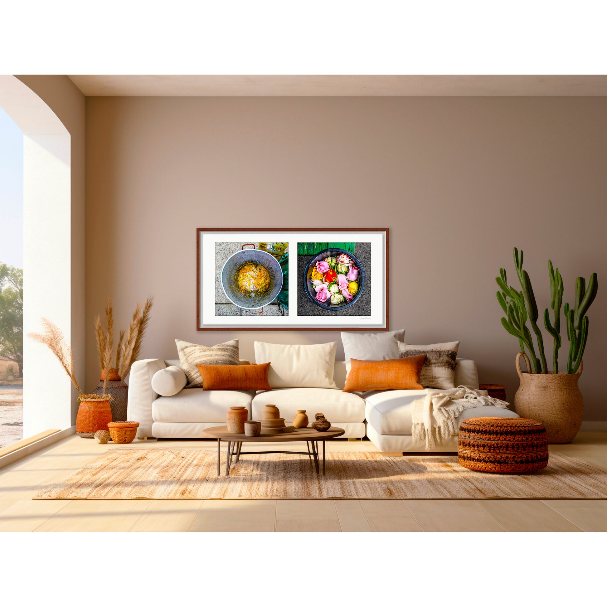 Diptych photograph of found objects round in shape with flowers