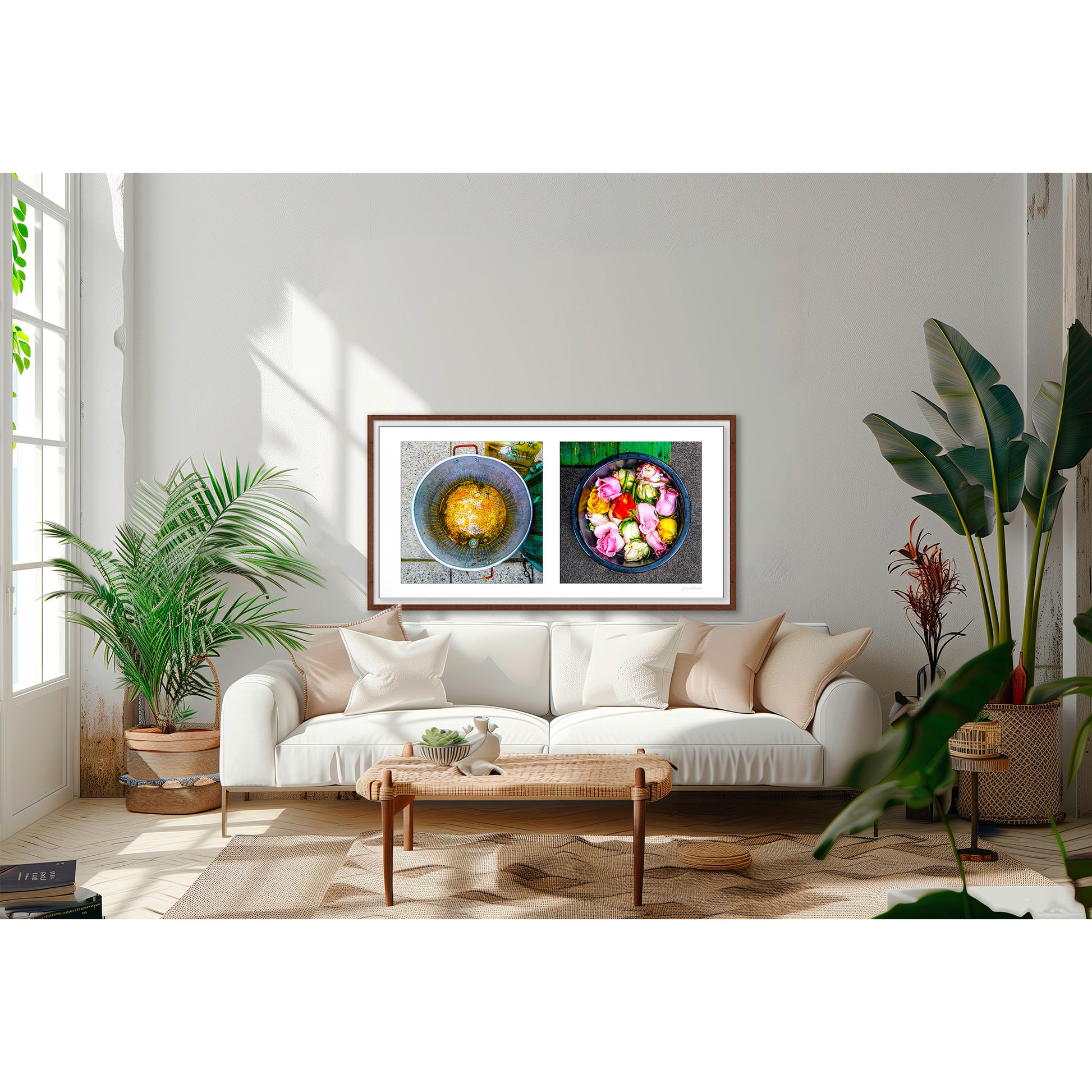 Diptych photograph of found objects round in shape with flowers