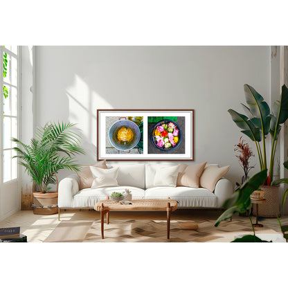 Diptych photograph of found objects round in shape with flowers