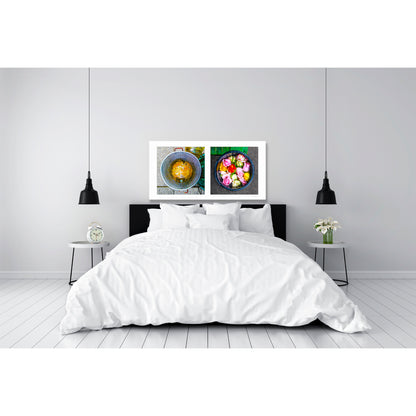 Diptych photograph of found objects round in shape with flowers
