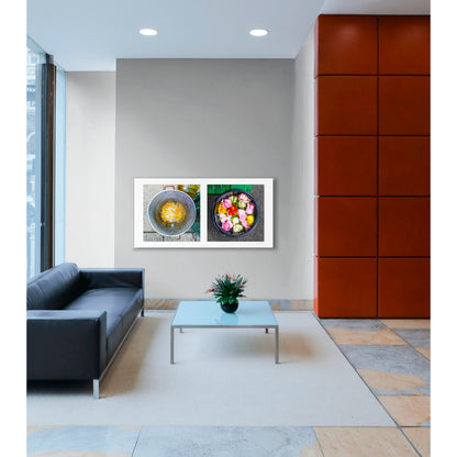 Diptych photograph of found objects round in shape with flowers