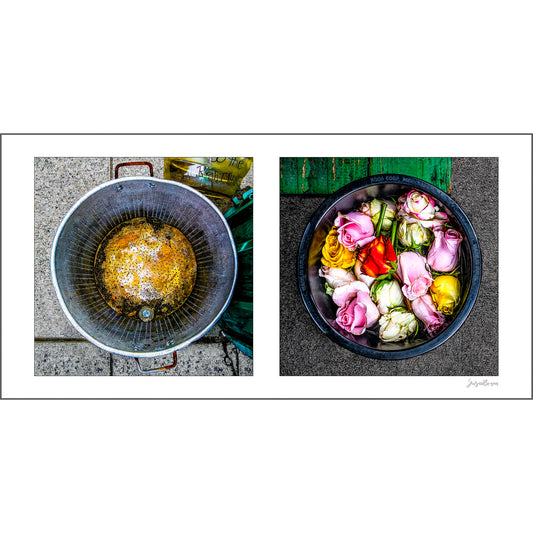 Diptych photograph of found objects round in shape with flowers