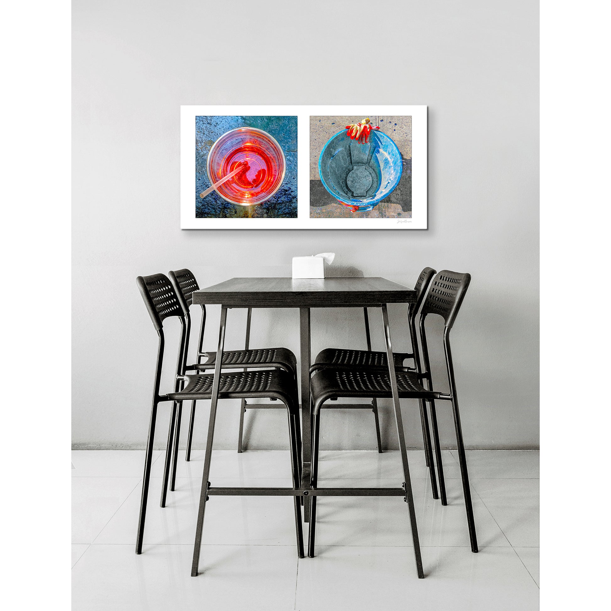 Diptych photograph of found objects round in shape (red glass and blue trash can)