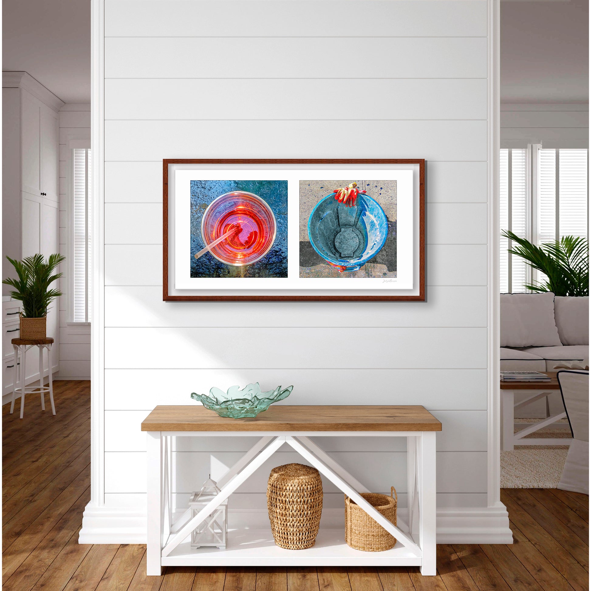 Diptych photograph of found objects round in shape (red glass and blue trash can)