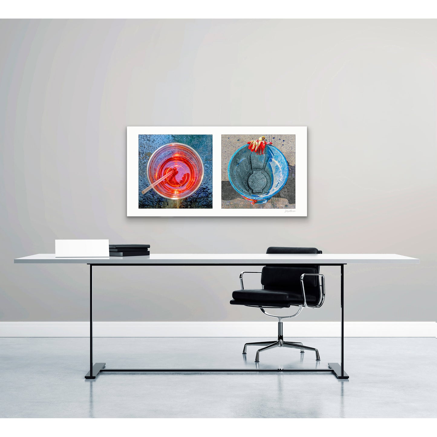 Diptych photograph of found objects round in shape (red glass and blue trash can)