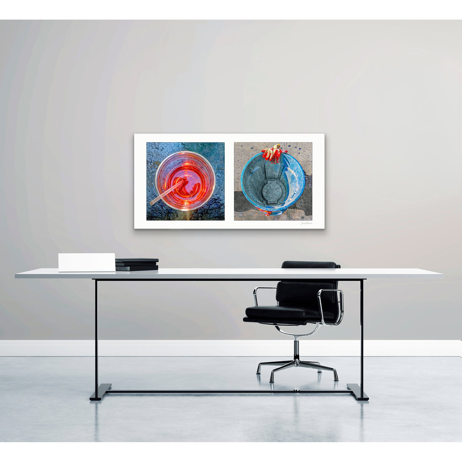 Diptych photograph of found objects round in shape (red glass and blue trash can)