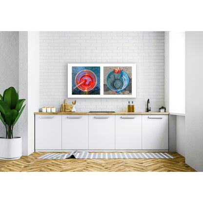 Diptych photograph of found objects round in shape (red glass and blue trash can)