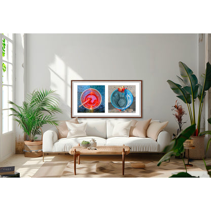 Diptych photograph of found objects round in shape (red glass and blue trash can)
