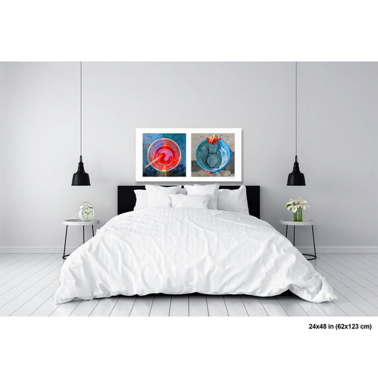 Red Glass and Blue Can artwork by Susan Bowen, shown as 24x48 print. Features a glowing red drink and a blue construction bucket photographed top-down — a vivid abstract diptych of color and everyday form.