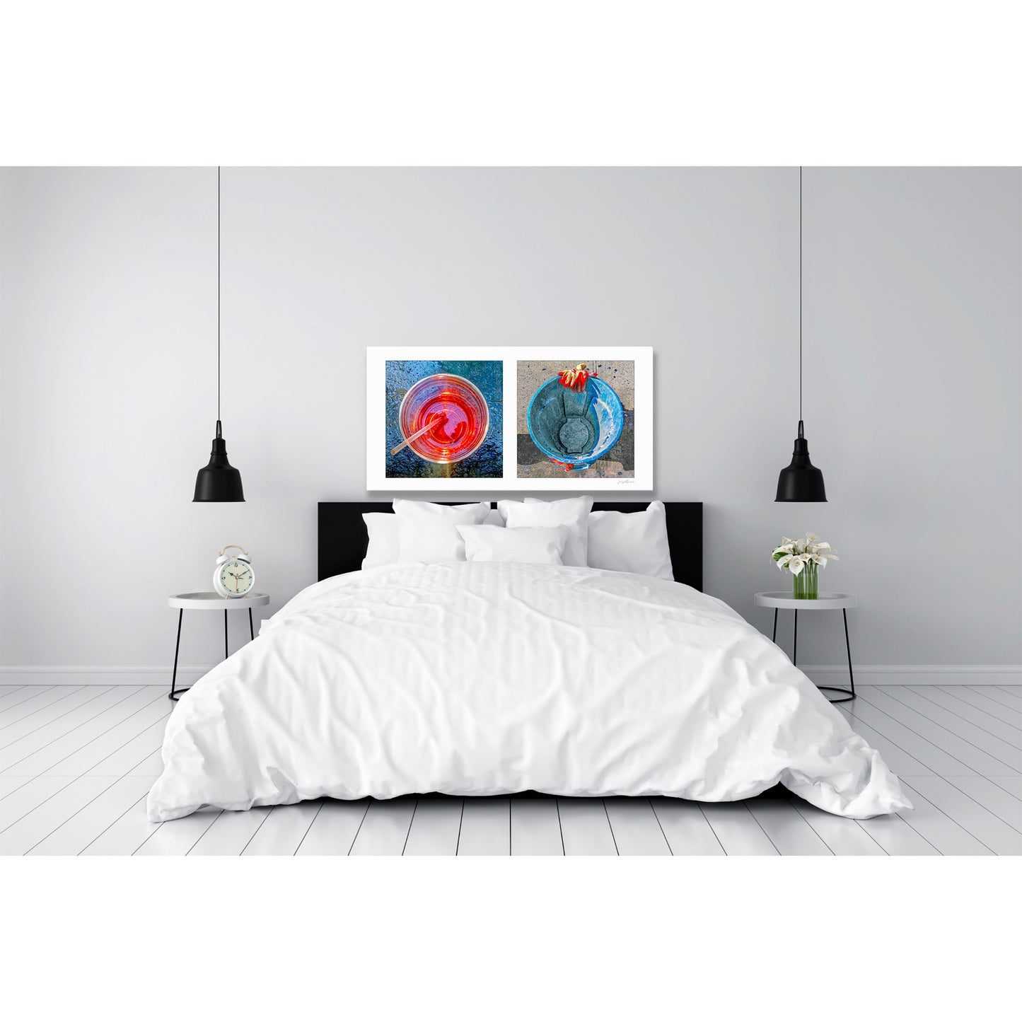 Diptych photograph of found objects round in shape (red glass and blue trash can)