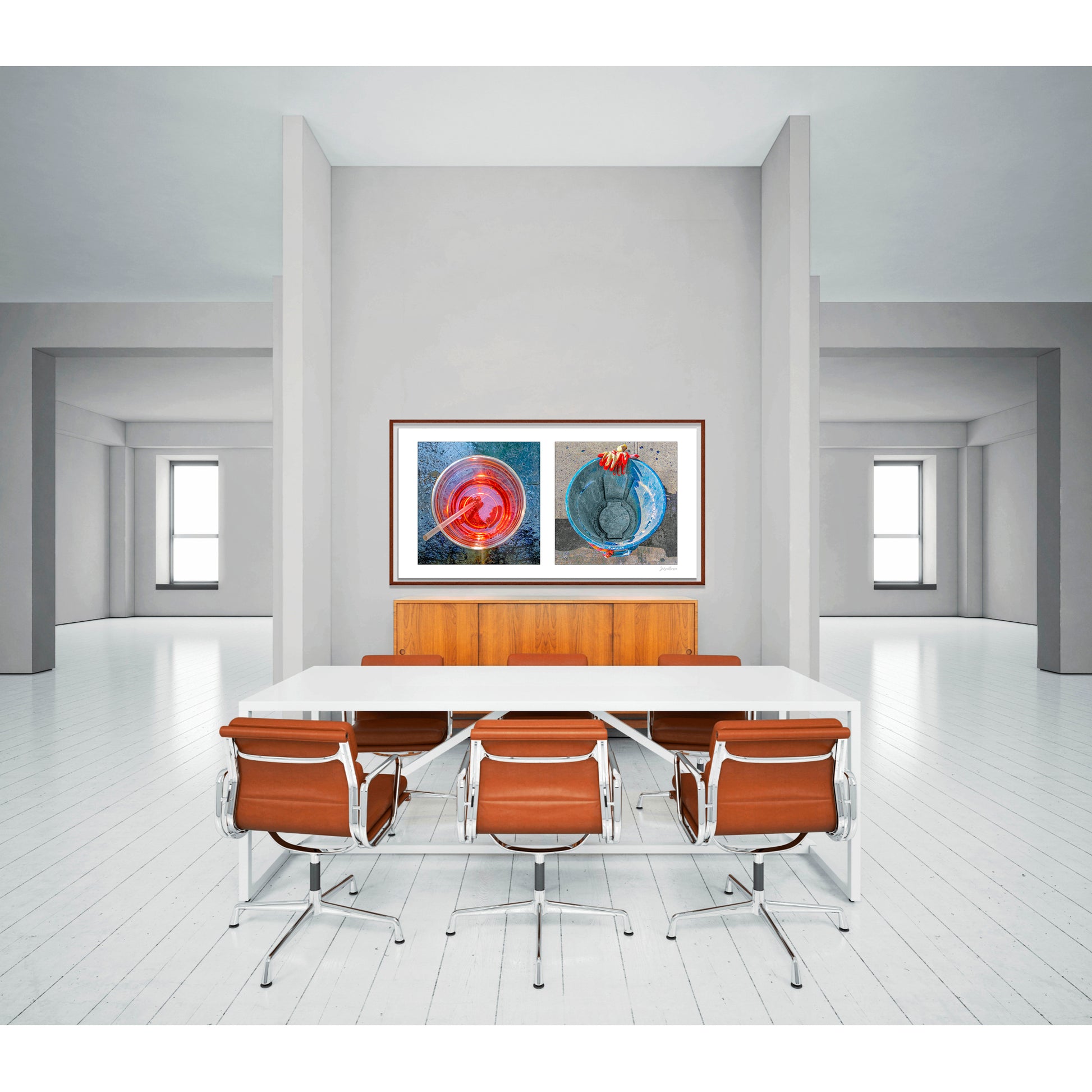 Diptych photograph of found objects round in shape (red glass and blue trash can)