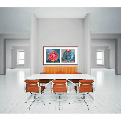 Diptych photograph of found objects round in shape (red glass and blue trash can)