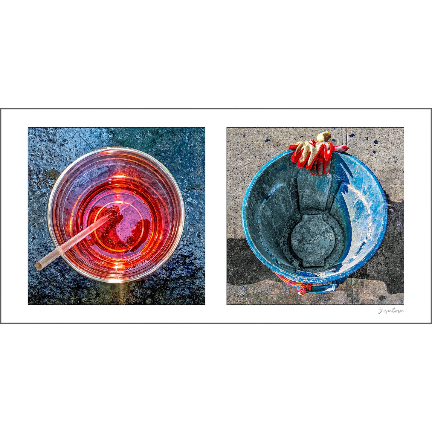 Diptych photograph of found objects round in shape (red glass and blue trash can)