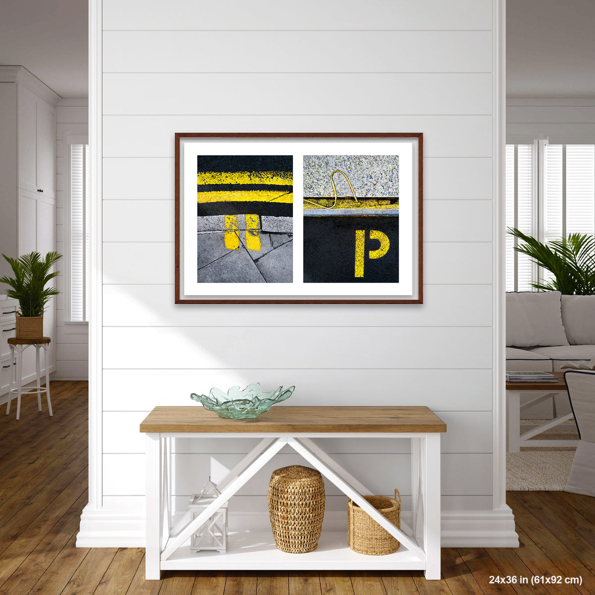 Yellow Markings and 'P' artwork by Susan Bowen, shown as 24x36 framed print. Features double yellow lines and a painted 'P' paired as bold, graphic urban street photography.