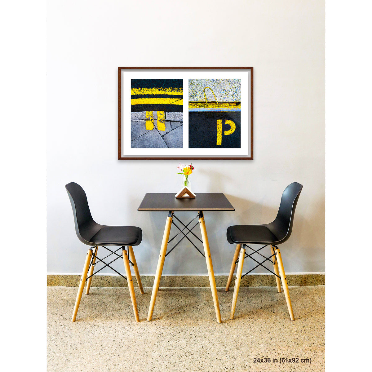 Yellow Markings and 'P' artwork by Susan Bowen, shown as 24x36 framed print. Features double yellow lines and a painted 'P' paired as bold, graphic urban street photography.