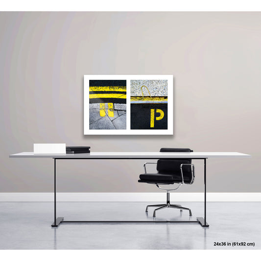 Yellow Markings and 'P' artwork by Susan Bowen, shown as 24x36 print. Features double yellow lines and a painted 'P' paired as bold, graphic urban street photography.