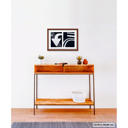 Arrow and Curved Line artwork by Susan Bowen, shown as 12x18 framed print. Features white arrow and sweeping road curves transformed into bold, high-contrast urban abstract photography.