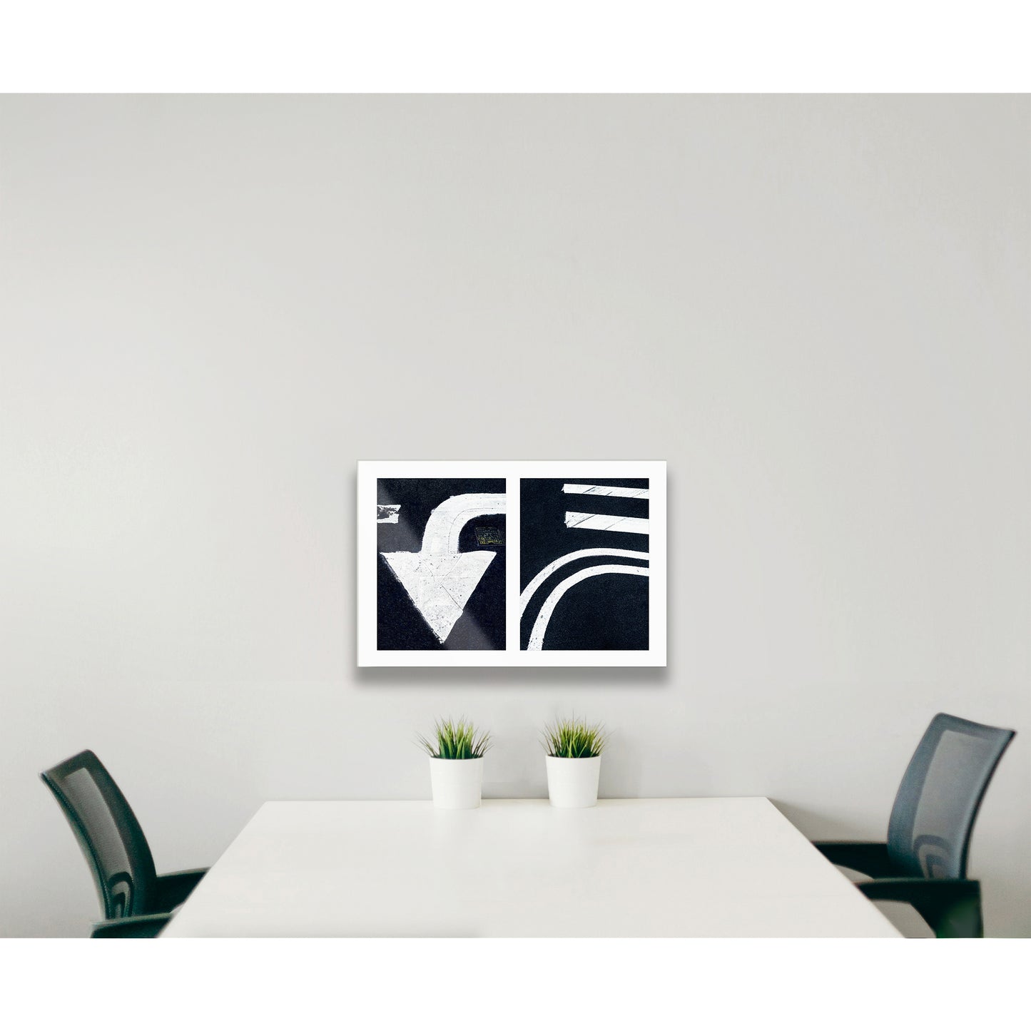 Abstract photograph diptych of white arrow and street lines