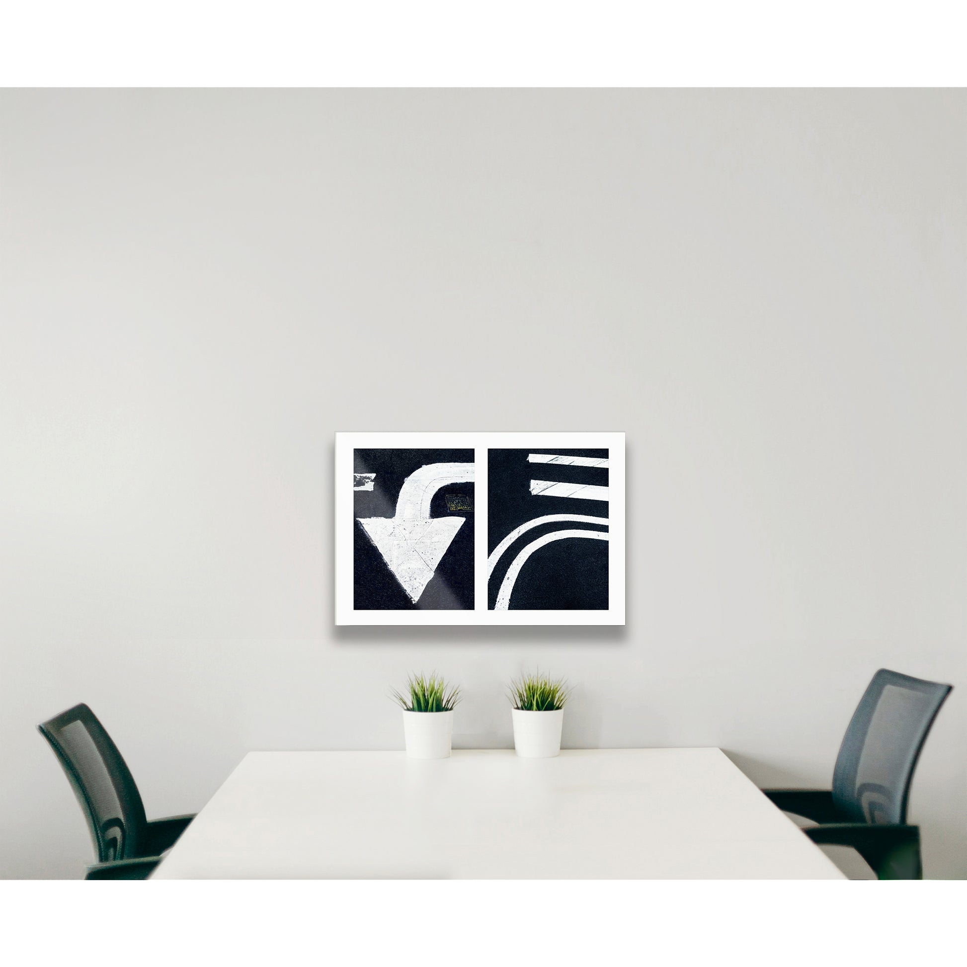Abstract photograph diptych of white arrow and street lines