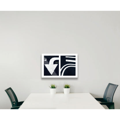Abstract photograph diptych of white arrow and street lines