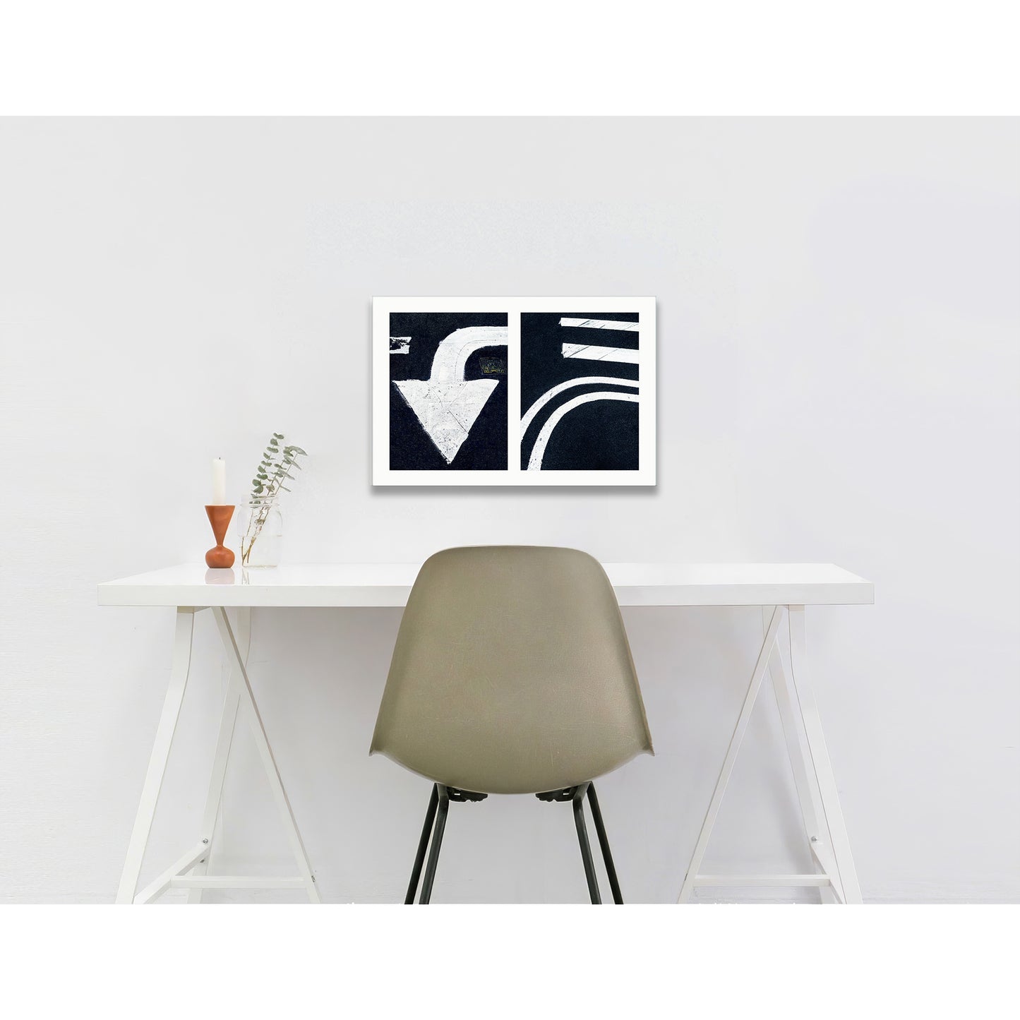 Abstract photograph diptych of white arrow and street lines
