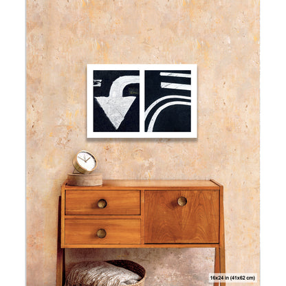 Arrow and Curved Line artwork by Susan Bowen, shown as 16x24 print. Features white arrow and sweeping road curves transformed into bold, high-contrast urban abstract photography.