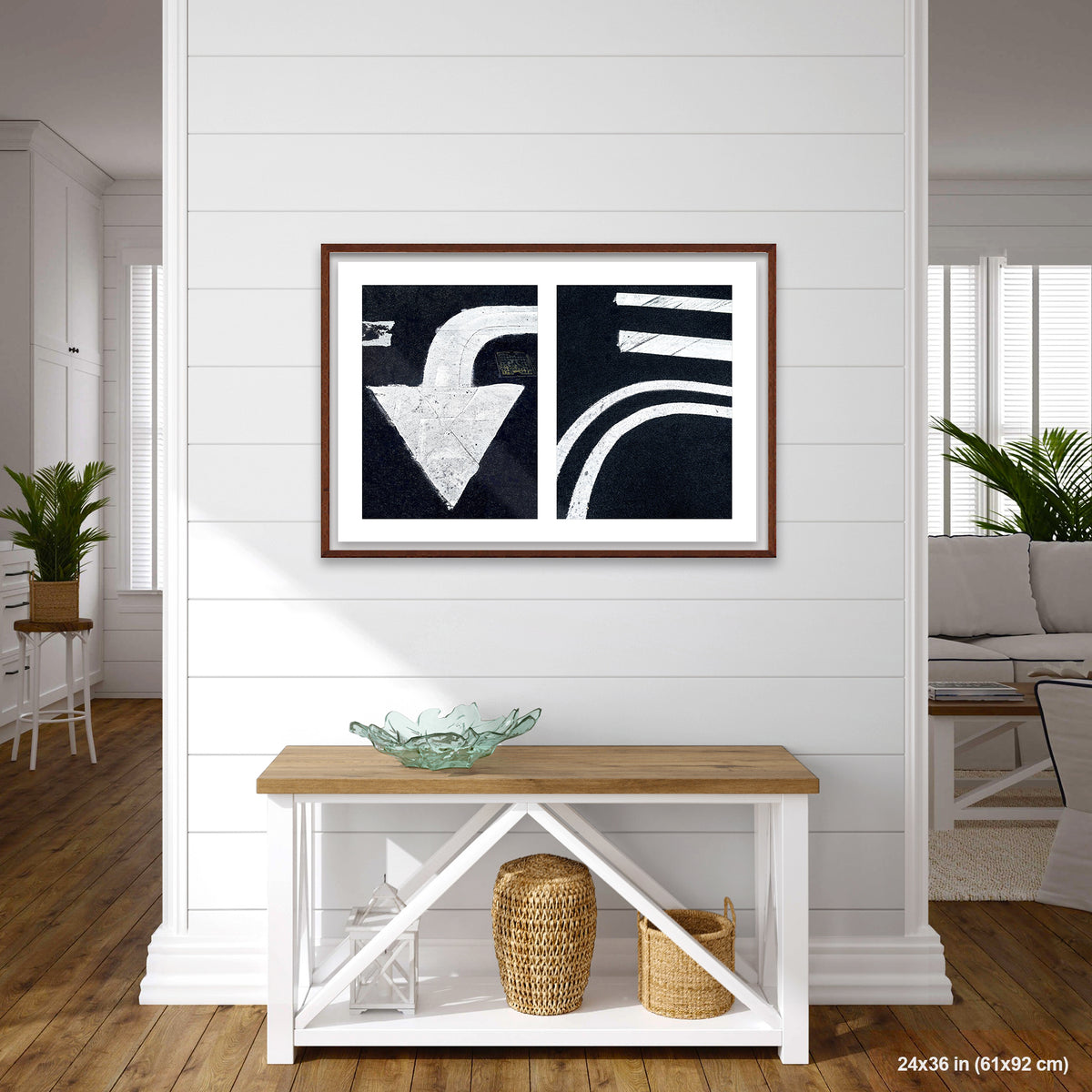 Arrow and Curved Line artwork by Susan Bowen, shown as 24x36 framed print. Features white arrow and sweeping road curves transformed into bold, high-contrast urban abstract photography.