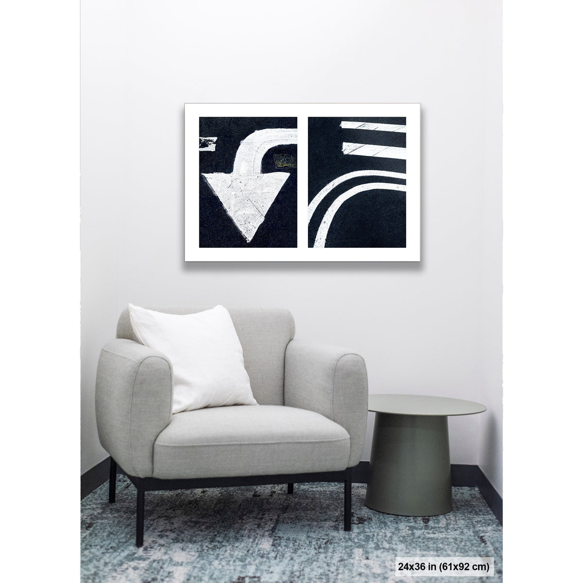 Arrow and Curved Line artwork by Susan Bowen, shown as 24x36 print. Features white arrow and sweeping road curves transformed into bold, high-contrast urban abstract photography.