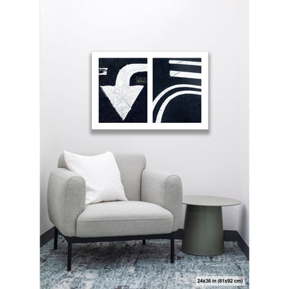 Arrow and Curved Line artwork by Susan Bowen, shown as 24x36 print. Features white arrow and sweeping road curves transformed into bold, high-contrast urban abstract photography.