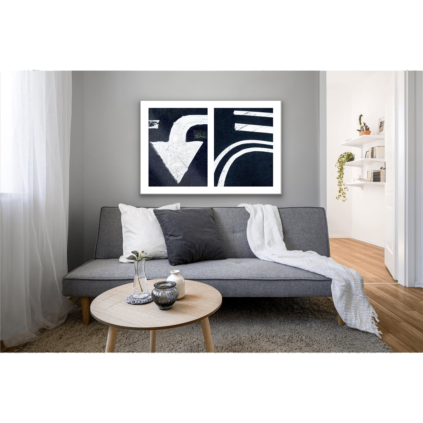 Abstract photograph diptych of white arrow and street lines