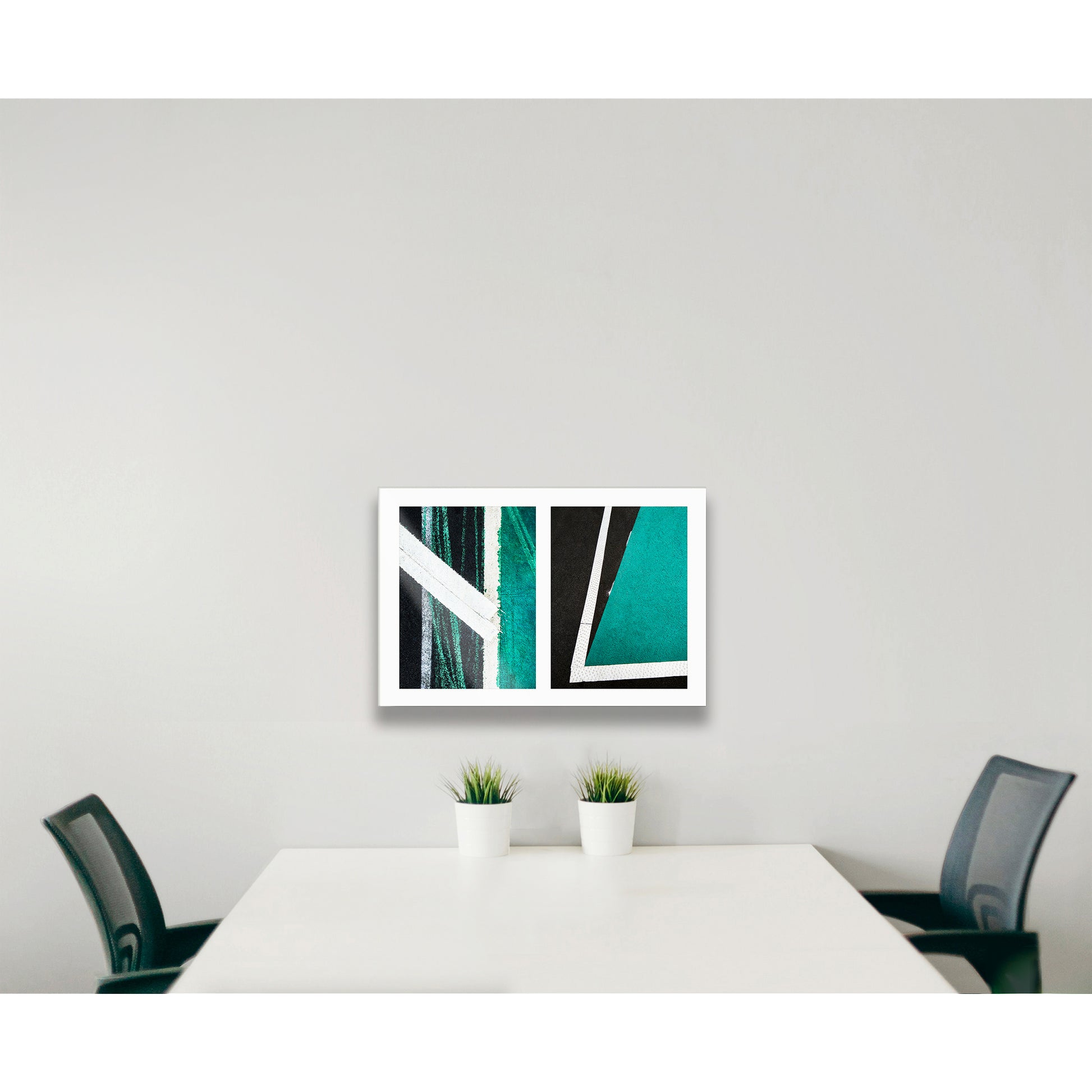 Abstract photograph diptych of green and white angles