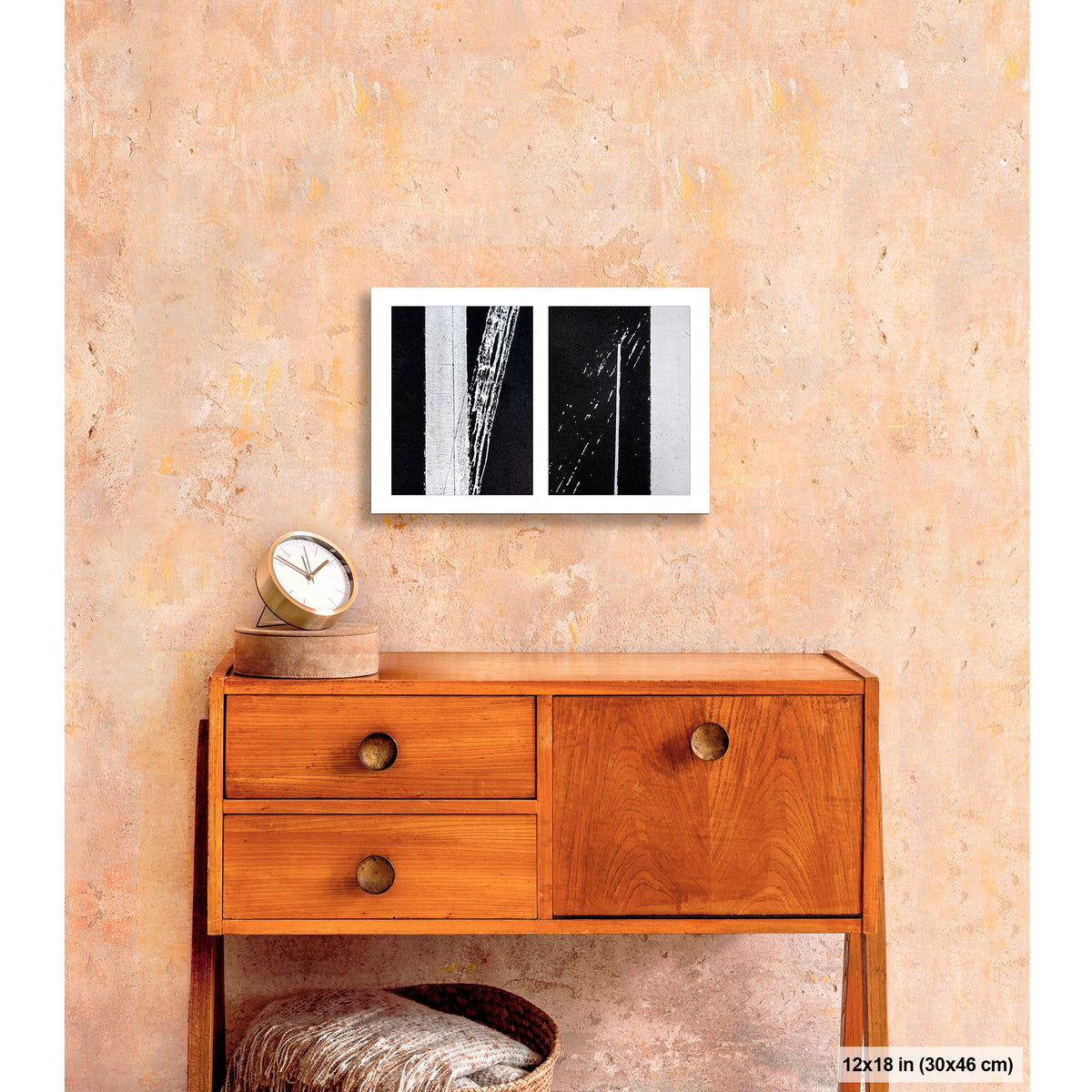 Uncontrolled White artwork by Susan Bowen, shown as 12x18 print. Features skewed white road stripes and tire marks capture the tension between order and accident on asphalt.