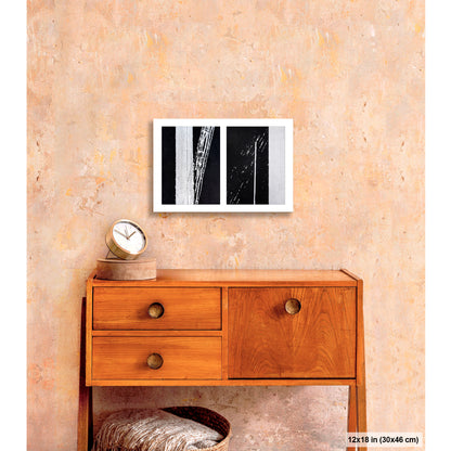 Uncontrolled White artwork by Susan Bowen, shown as 12x18 print. Features skewed white road stripes and tire marks capture the tension between order and accident on asphalt.