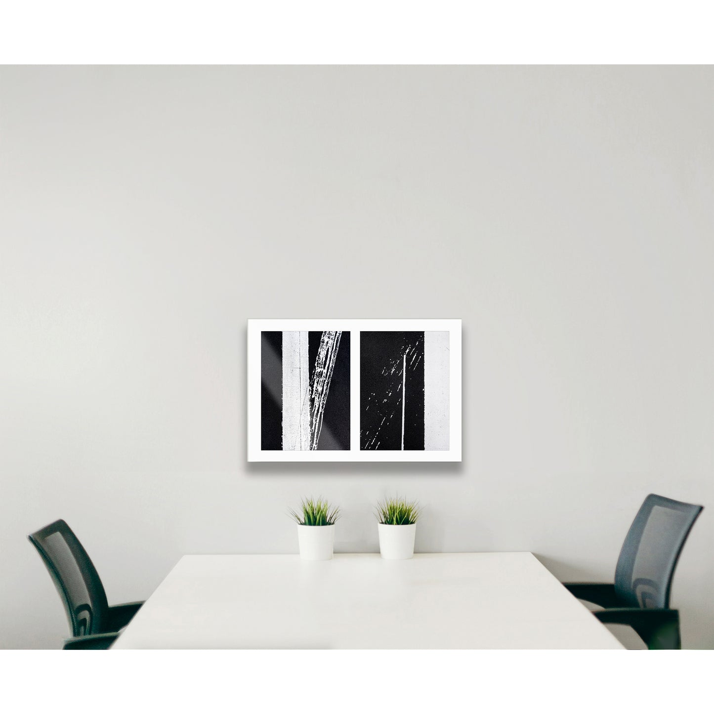 Abstract photograph diptych of white street line accidents