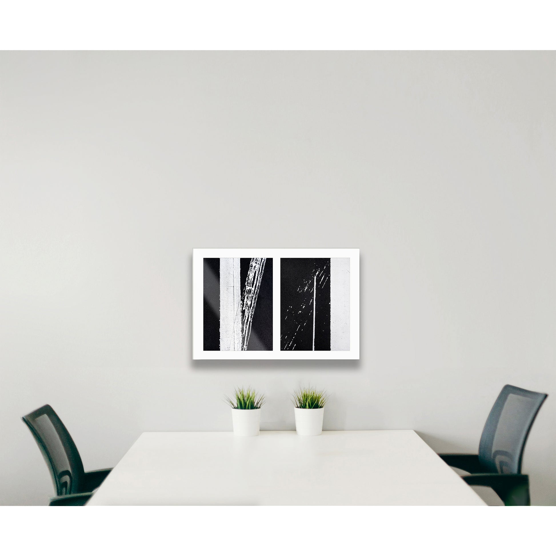 Abstract photograph diptych of white street line accidents