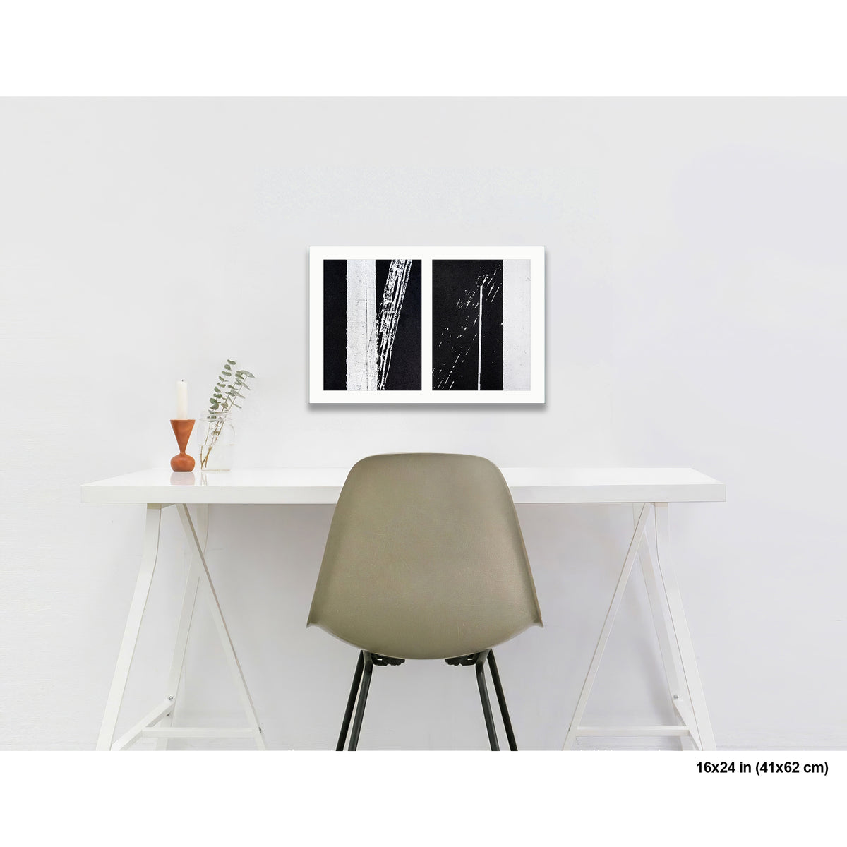 Uncontrolled White artwork by Susan Bowen, shown as 16x24 print. Features skewed white road stripes and tire marks capture the tension between order and accident on asphalt.