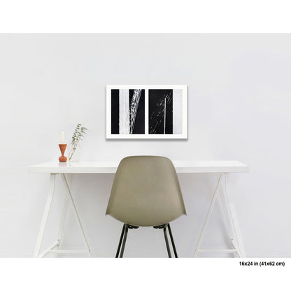 Uncontrolled White artwork by Susan Bowen, shown as 16x24 print. Features skewed white road stripes and tire marks capture the tension between order and accident on asphalt.
